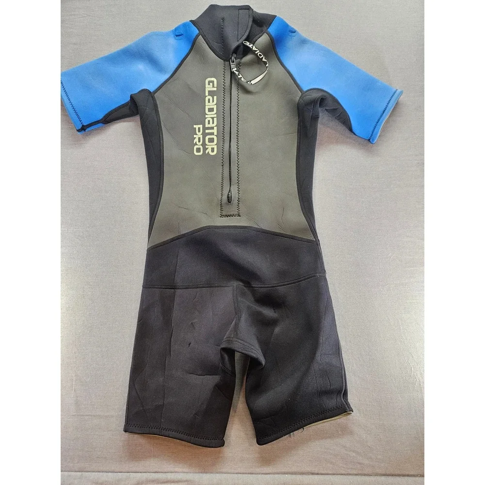Gladiator Pro Shorty Wetsuit Mens Medium Black Blue Gray Front Zip Springsuit